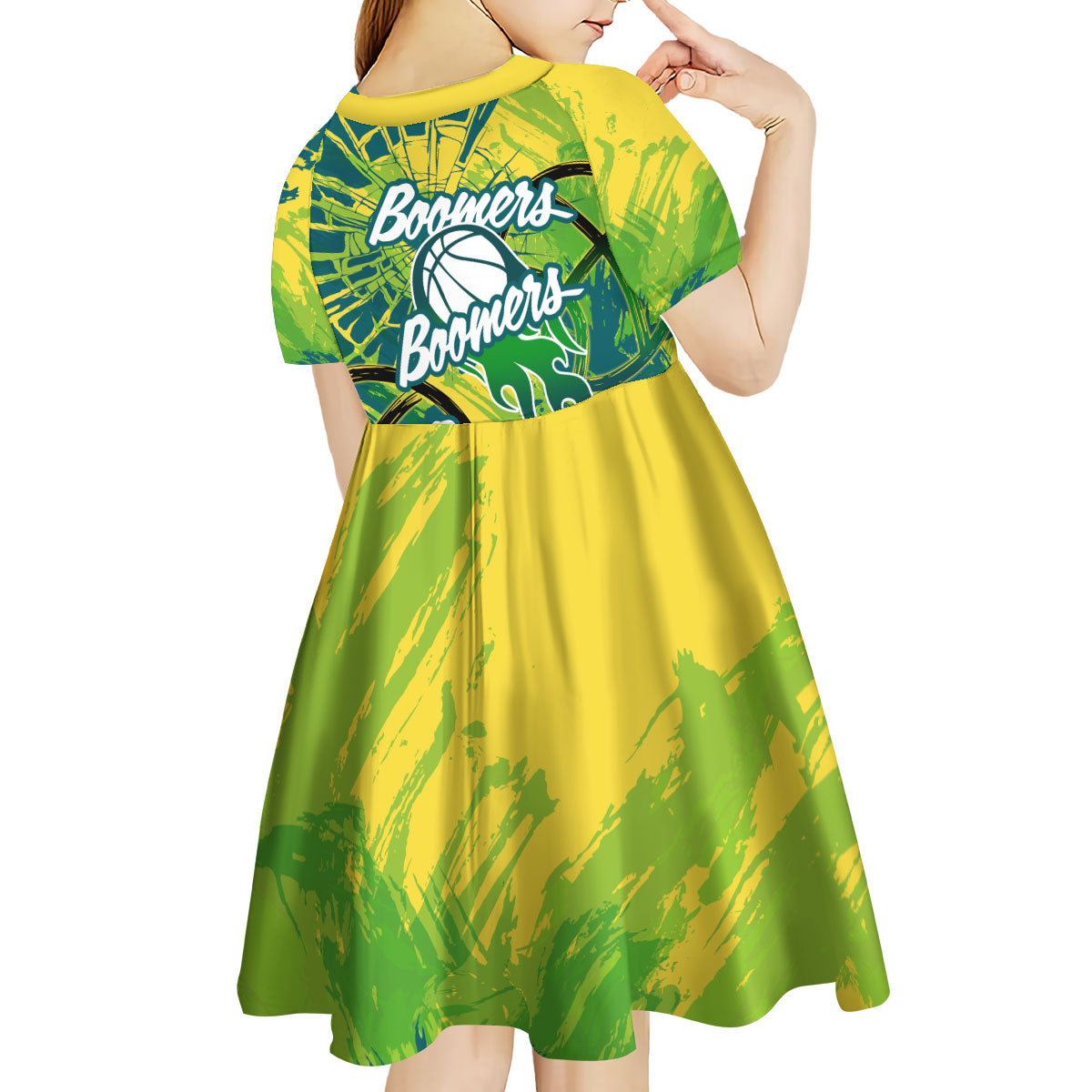 Australian Boomers Basketball Kid Short Sleeve Dress Shattered Glass Effect With Flaming Ball And Grunge Brushstrokes