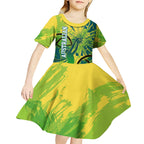 Australian Boomers Basketball Kid Short Sleeve Dress Shattered Glass Effect With Flaming Ball And Grunge Brushstrokes