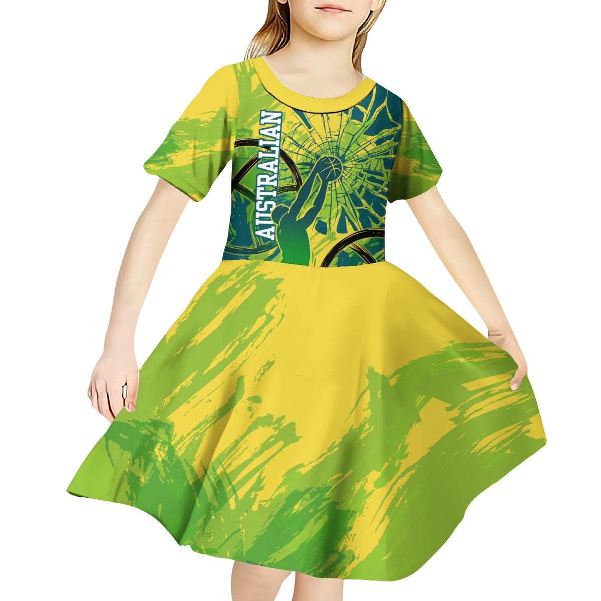 Australian Boomers Basketball Kid Short Sleeve Dress Shattered Glass Effect With Flaming Ball And Grunge Brushstrokes