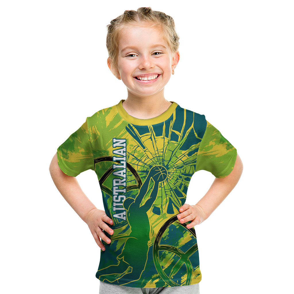 Australian Boomers Basketball Kid T Shirt Shattered Glass Effect With Flaming Ball And Grunge Brushstrokes