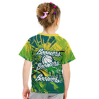 Australian Boomers Basketball Kid T Shirt Shattered Glass Effect With Flaming Ball And Grunge Brushstrokes
