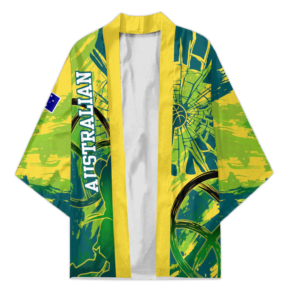 Australian Boomers Basketball Kimono Shattered Glass Effect With Flaming Ball And Grunge Brushstrokes
