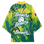 Australian Boomers Basketball Kimono Shattered Glass Effect With Flaming Ball And Grunge Brushstrokes