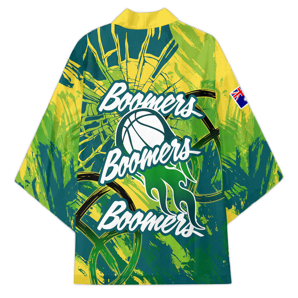 Australian Boomers Basketball Kimono Shattered Glass Effect With Flaming Ball And Grunge Brushstrokes