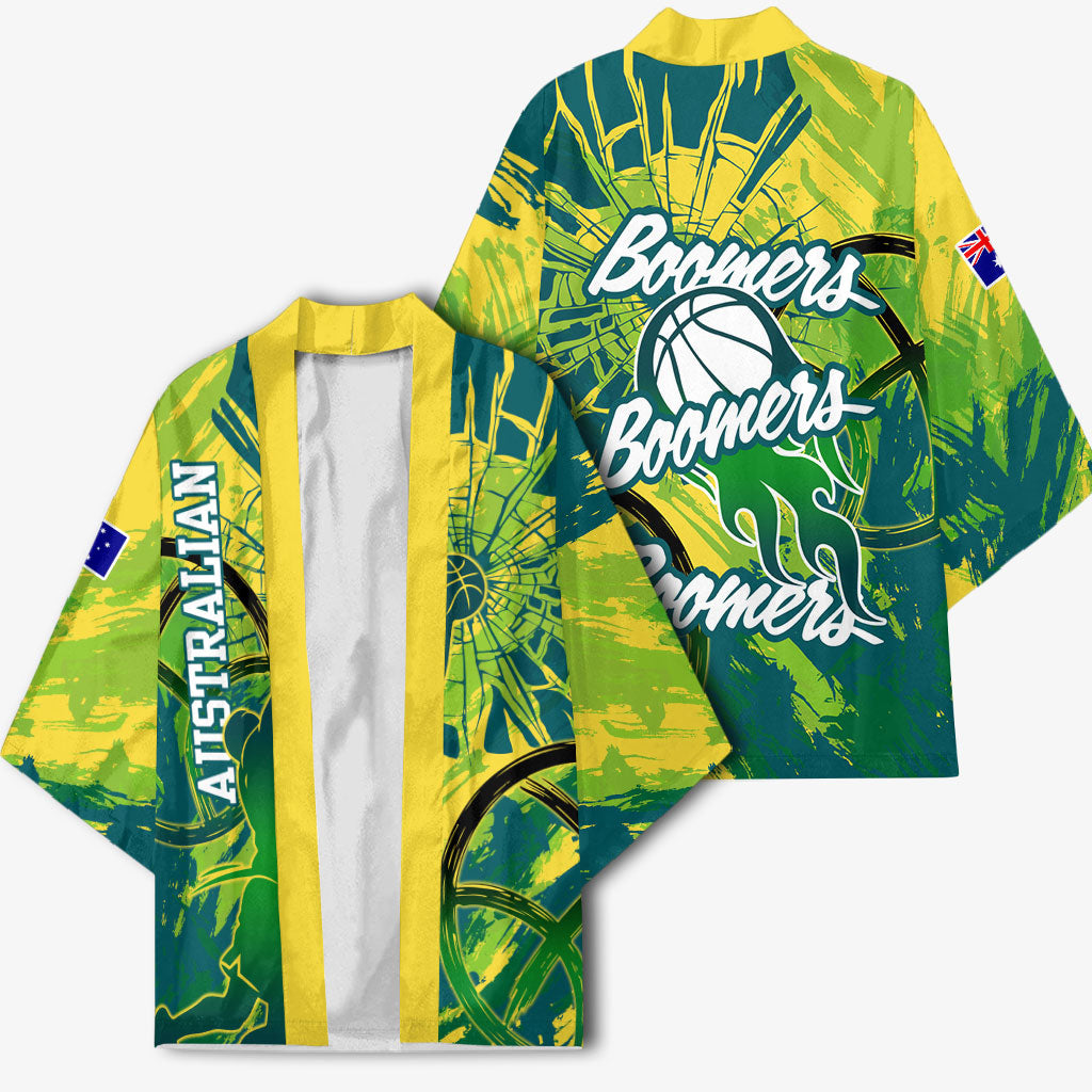 Australian Boomers Basketball Kimono Shattered Glass Effect With Flaming Ball And Grunge Brushstrokes