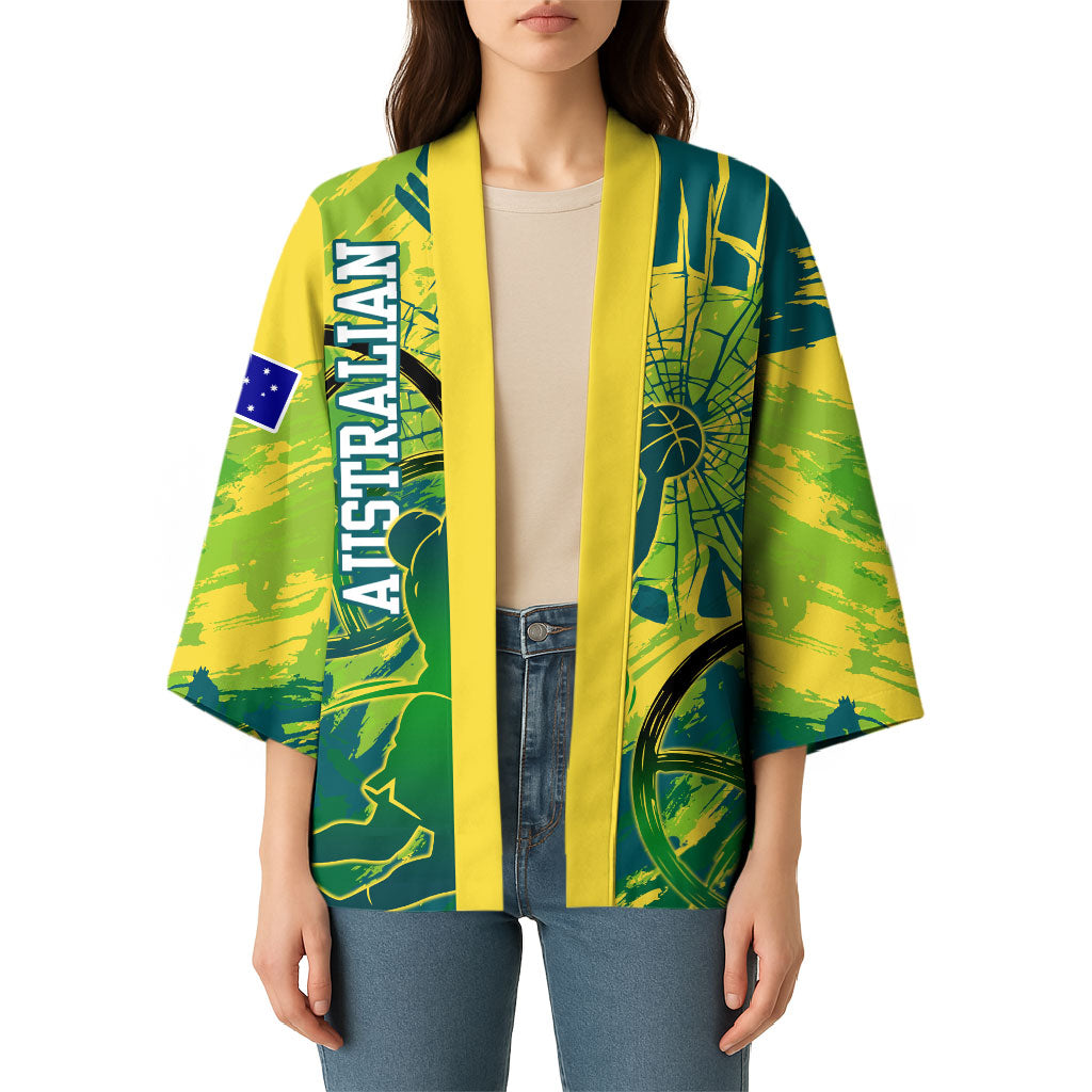 Australian Boomers Basketball Kimono Shattered Glass Effect With Flaming Ball And Grunge Brushstrokes