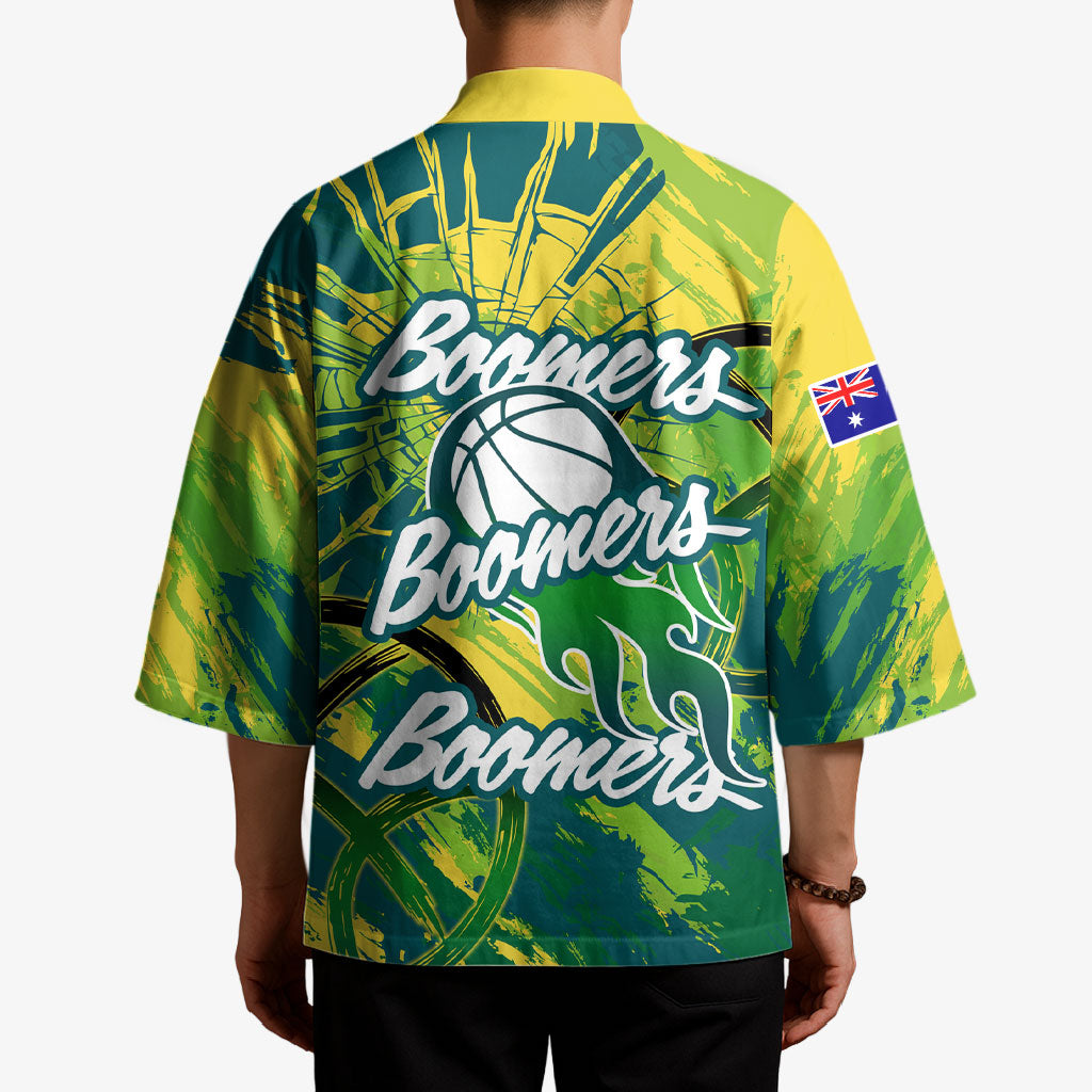 Australian Boomers Basketball Kimono Shattered Glass Effect With Flaming Ball And Grunge Brushstrokes
