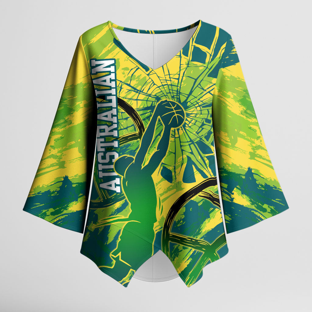 Australian Boomers Basketball Kimono Sleeve Blouse Shattered Glass Effect With Flaming Ball And Grunge Brushstrokes