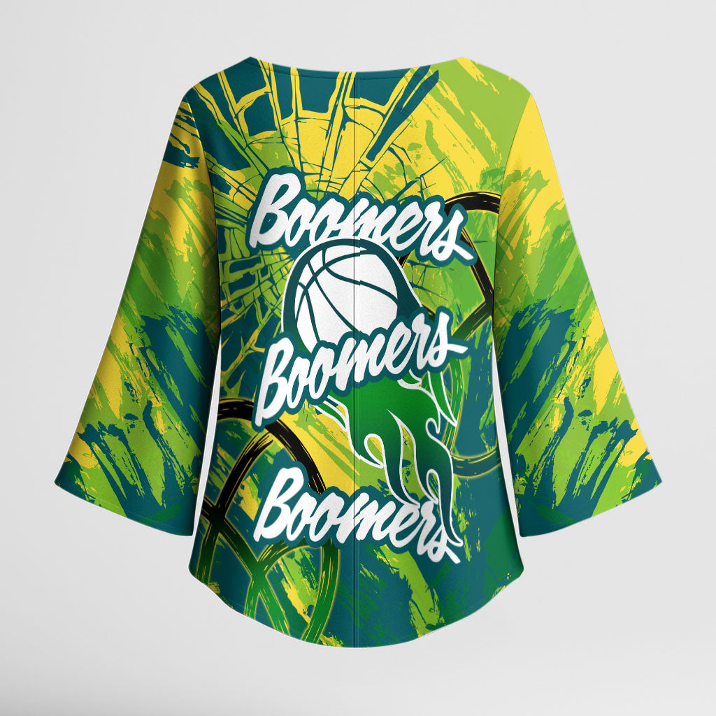 Australian Boomers Basketball Kimono Sleeve Blouse Shattered Glass Effect With Flaming Ball And Grunge Brushstrokes
