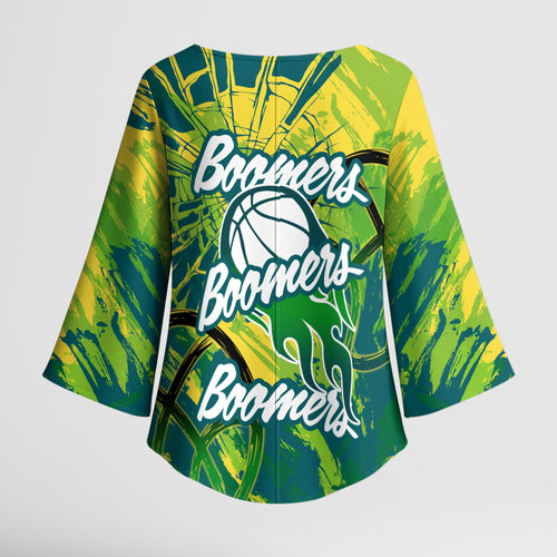 Australian Boomers Basketball Kimono Sleeve Blouse Shattered Glass Effect With Flaming Ball And Grunge Brushstrokes
