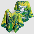 Australian Boomers Basketball Kimono Sleeve Blouse Shattered Glass Effect With Flaming Ball And Grunge Brushstrokes
