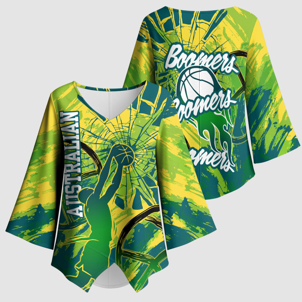 Australian Boomers Basketball Kimono Sleeve Blouse Shattered Glass Effect With Flaming Ball And Grunge Brushstrokes