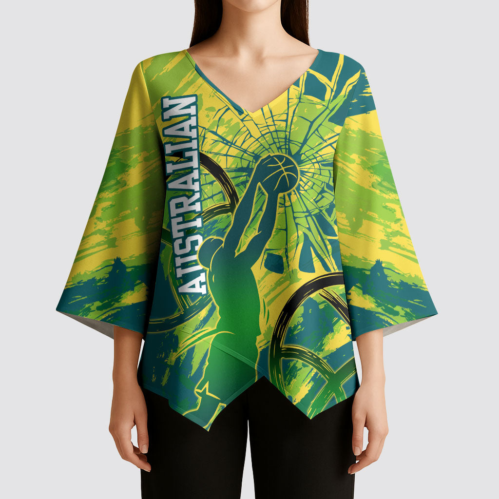 Australian Boomers Basketball Kimono Sleeve Blouse Shattered Glass Effect With Flaming Ball And Grunge Brushstrokes