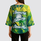 Australian Boomers Basketball Kimono Sleeve Blouse Shattered Glass Effect With Flaming Ball And Grunge Brushstrokes