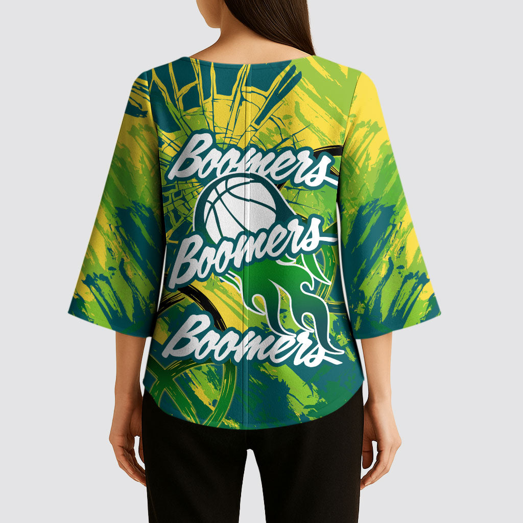 Australian Boomers Basketball Kimono Sleeve Blouse Shattered Glass Effect With Flaming Ball And Grunge Brushstrokes