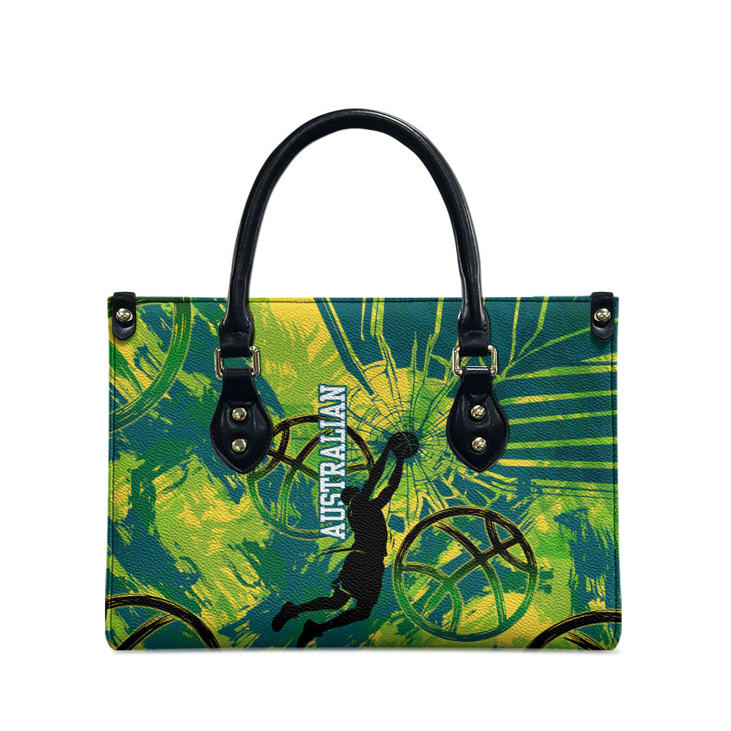 Australian Boomers Basketball Leather Bag Shattered Glass Effect With Flaming Ball And Grunge Brushstrokes