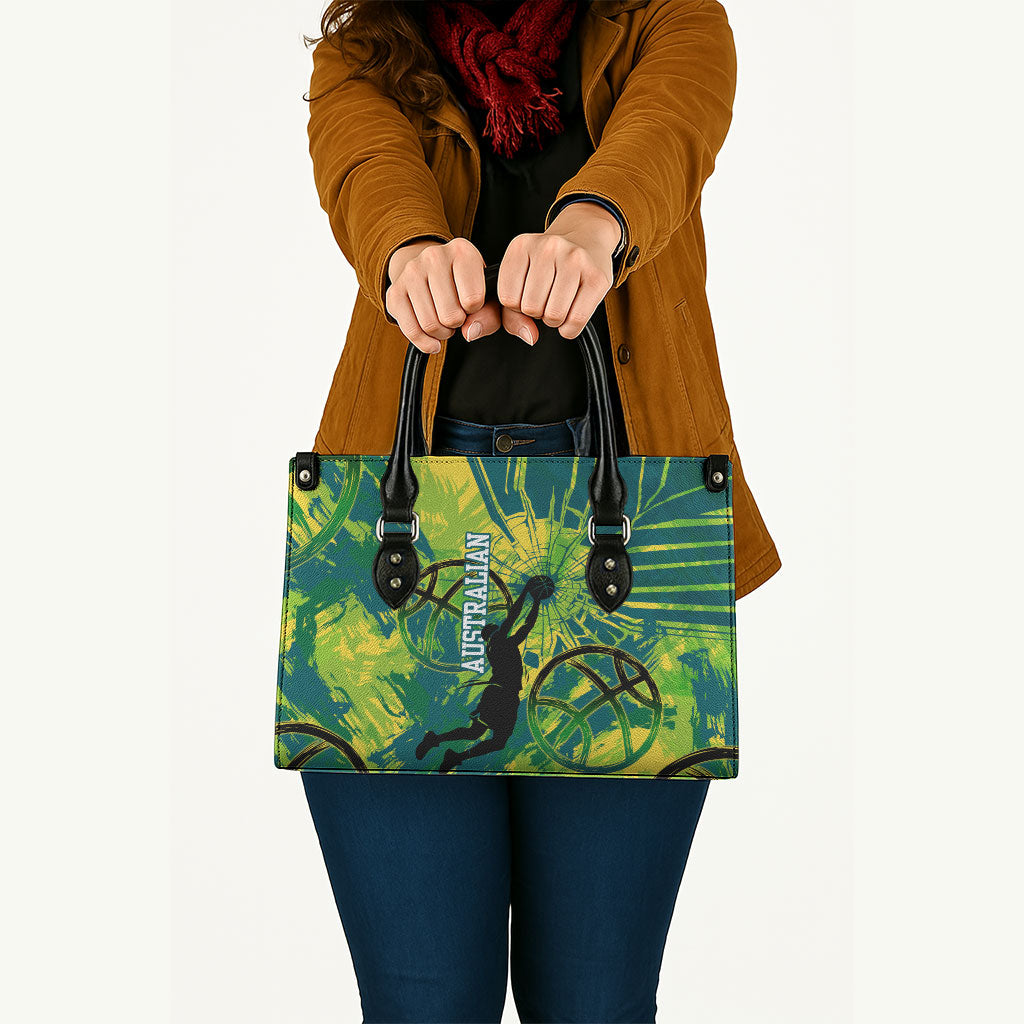 Australian Boomers Basketball Leather Bag Shattered Glass Effect With Flaming Ball And Grunge Brushstrokes