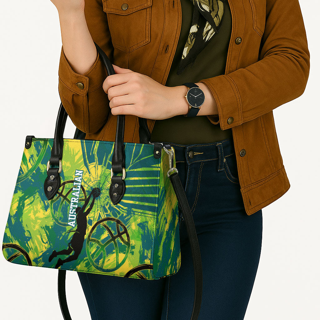 Australian Boomers Basketball Leather Bag Shattered Glass Effect With Flaming Ball And Grunge Brushstrokes