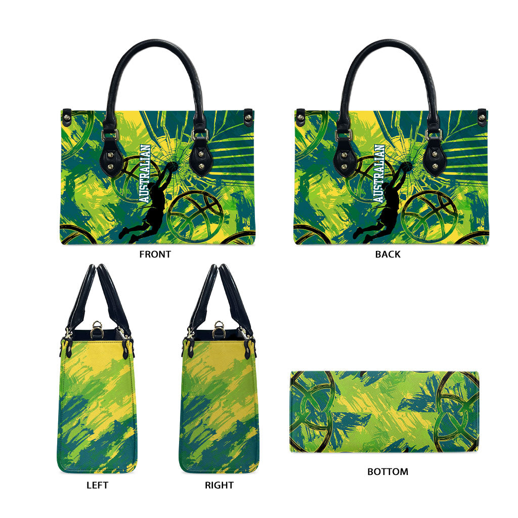 Australian Boomers Basketball Leather Bag Shattered Glass Effect With Flaming Ball And Grunge Brushstrokes