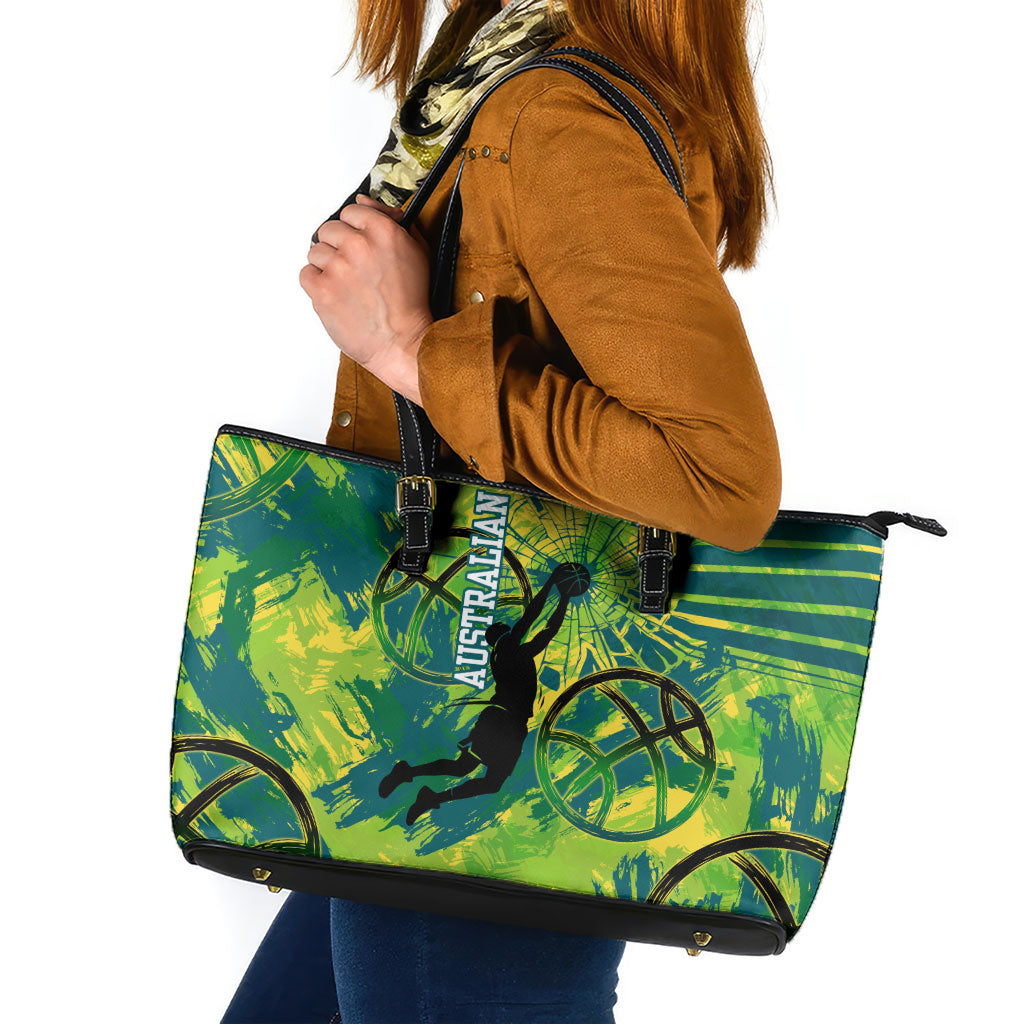 Australian Boomers Basketball Leather Tote Bag Shattered Glass Effect With Flaming Ball And Grunge Brushstrokes