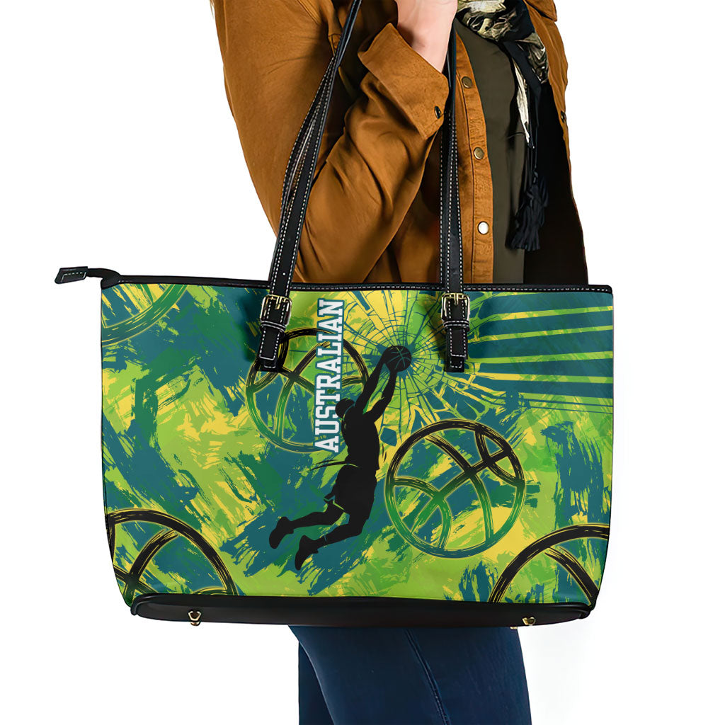 Australian Boomers Basketball Leather Tote Bag Shattered Glass Effect With Flaming Ball And Grunge Brushstrokes