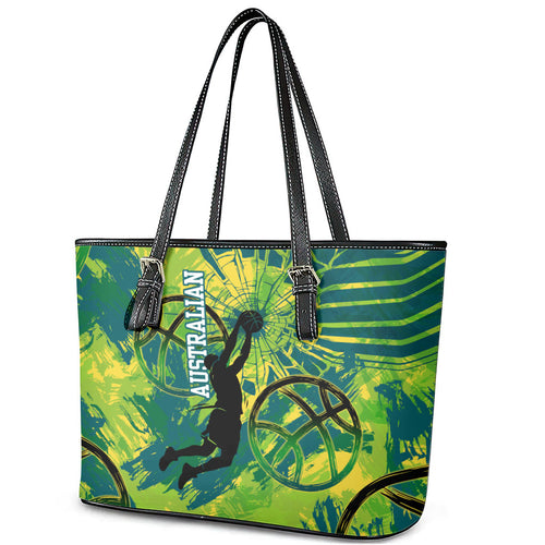 Australian Boomers Basketball Leather Tote Bag Shattered Glass Effect With Flaming Ball And Grunge Brushstrokes