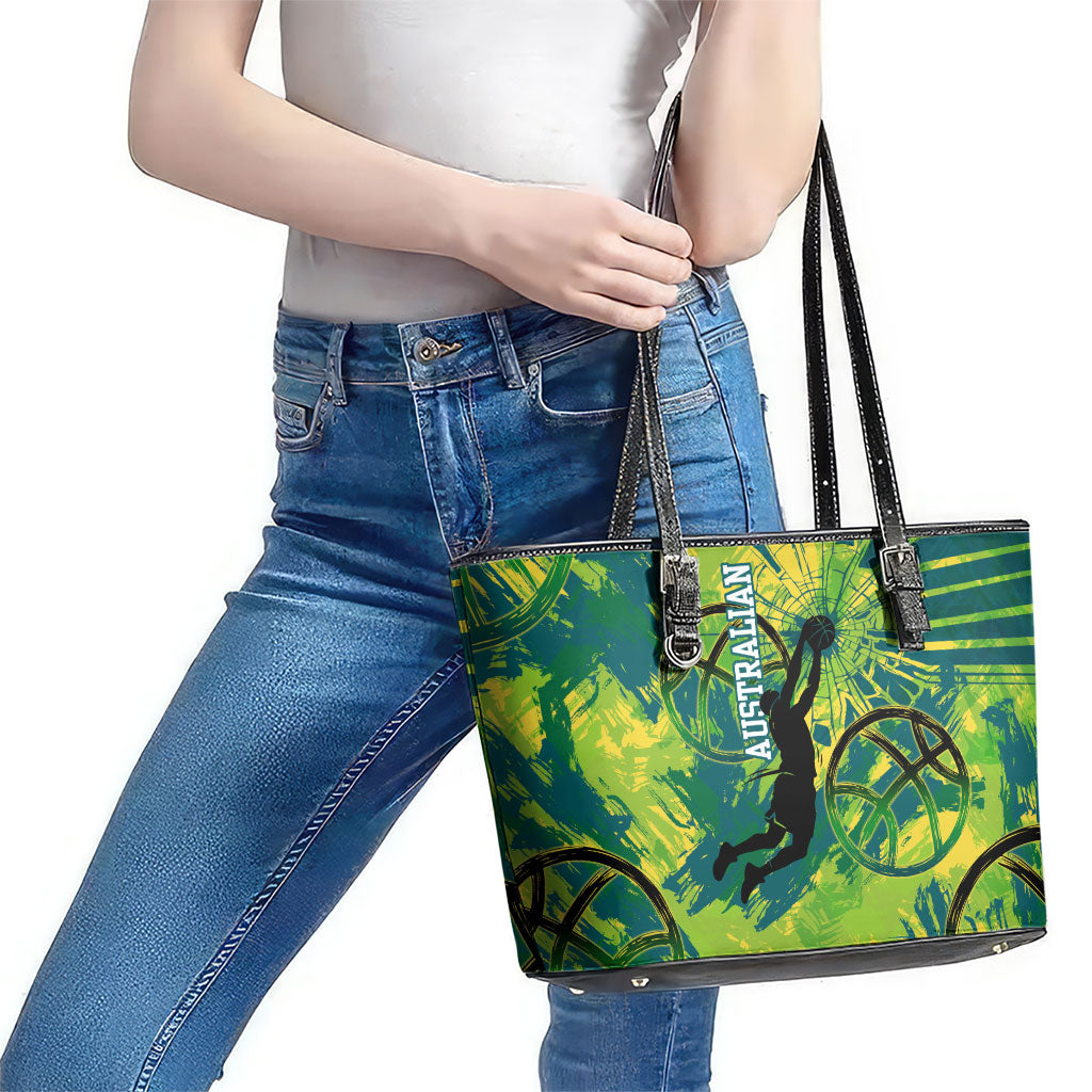 Australian Boomers Basketball Leather Tote Bag Shattered Glass Effect With Flaming Ball And Grunge Brushstrokes