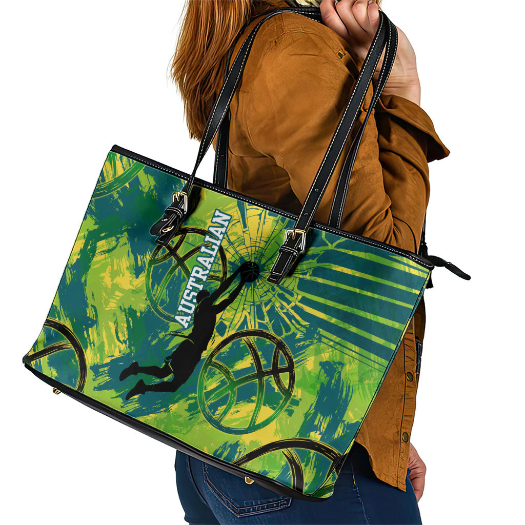 Australian Boomers Basketball Leather Tote Bag Shattered Glass Effect With Flaming Ball And Grunge Brushstrokes