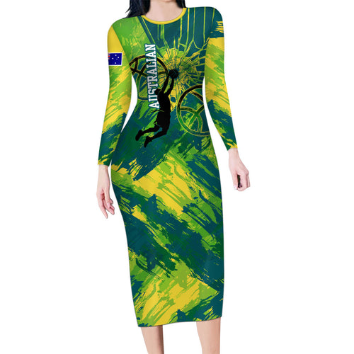 Australian Boomers Basketball Long Sleeve Bodycon Dress Shattered Glass Effect With Flaming Ball And Grunge Brushstrokes