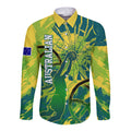 Australian Boomers Basketball Long Sleeve Button Shirt Shattered Glass Effect With Flaming Ball And Grunge Brushstrokes
