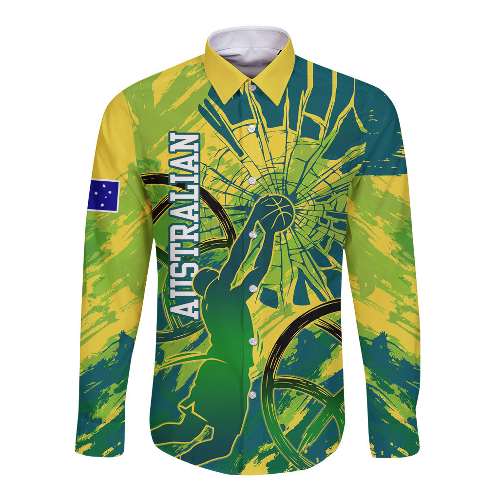 Australian Boomers Basketball Long Sleeve Button Shirt Shattered Glass Effect With Flaming Ball And Grunge Brushstrokes