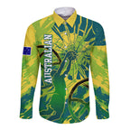 Australian Boomers Basketball Long Sleeve Button Shirt Shattered Glass Effect With Flaming Ball And Grunge Brushstrokes