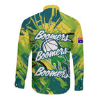 Australian Boomers Basketball Long Sleeve Button Shirt Shattered Glass Effect With Flaming Ball And Grunge Brushstrokes