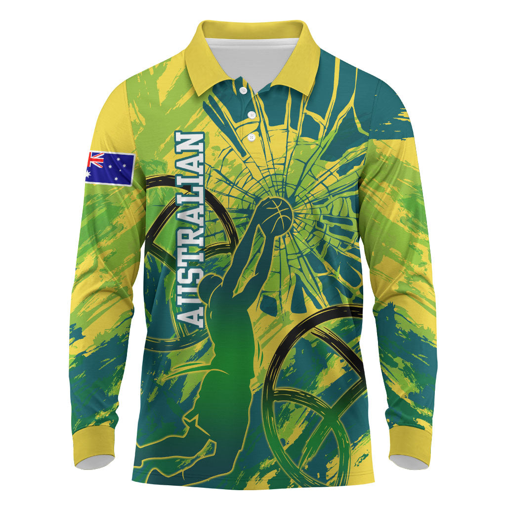 Australian Boomers Basketball Long Sleeve Polo Shirt Shattered Glass Effect With Flaming Ball And Grunge Brushstrokes