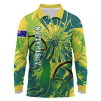 Australian Boomers Basketball Long Sleeve Polo Shirt Shattered Glass Effect With Flaming Ball And Grunge Brushstrokes
