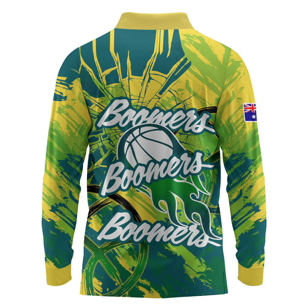 Australian Boomers Basketball Long Sleeve Polo Shirt Shattered Glass Effect With Flaming Ball And Grunge Brushstrokes