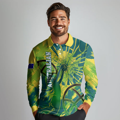 Australian Boomers Basketball Long Sleeve Polo Shirt Shattered Glass Effect With Flaming Ball And Grunge Brushstrokes