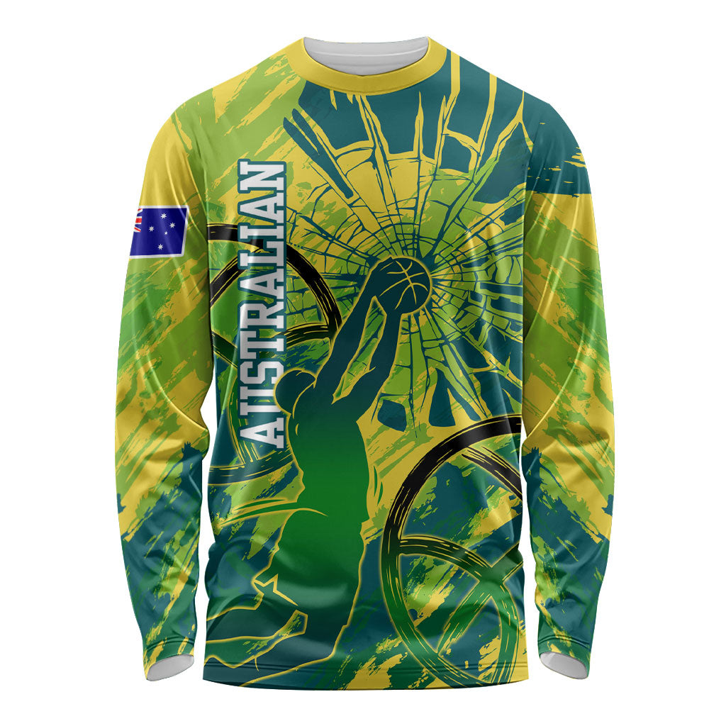 Australian Boomers Basketball Long Sleeve Shirt Shattered Glass Effect With Flaming Ball And Grunge Brushstrokes