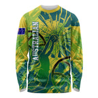 Australian Boomers Basketball Long Sleeve Shirt Shattered Glass Effect With Flaming Ball And Grunge Brushstrokes