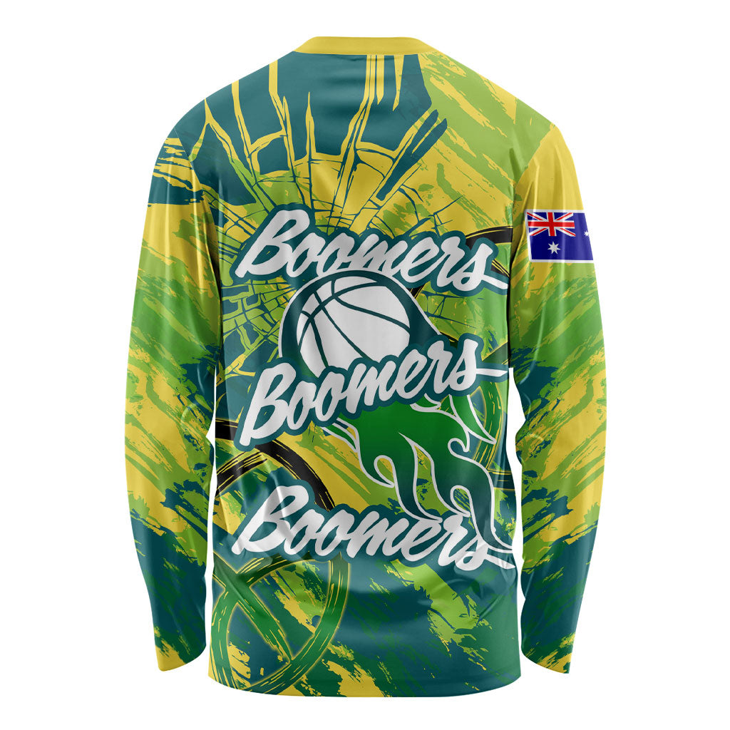 Australian Boomers Basketball Long Sleeve Shirt Shattered Glass Effect With Flaming Ball And Grunge Brushstrokes