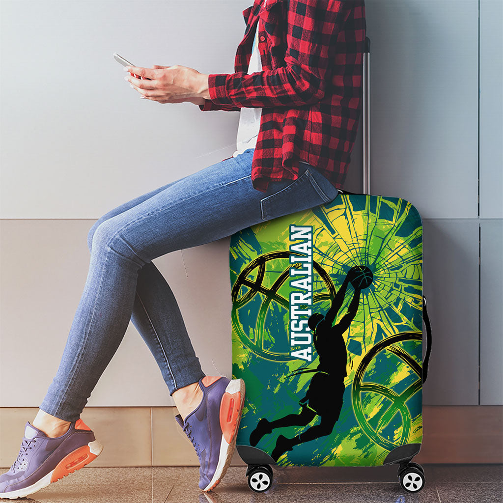 Australian Boomers Basketball Luggage Cover Shattered Glass Effect With Flaming Ball And Grunge Brushstrokes