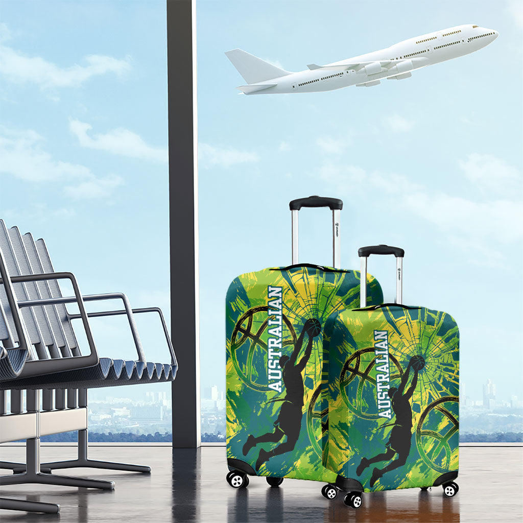 Australian Boomers Basketball Luggage Cover Shattered Glass Effect With Flaming Ball And Grunge Brushstrokes