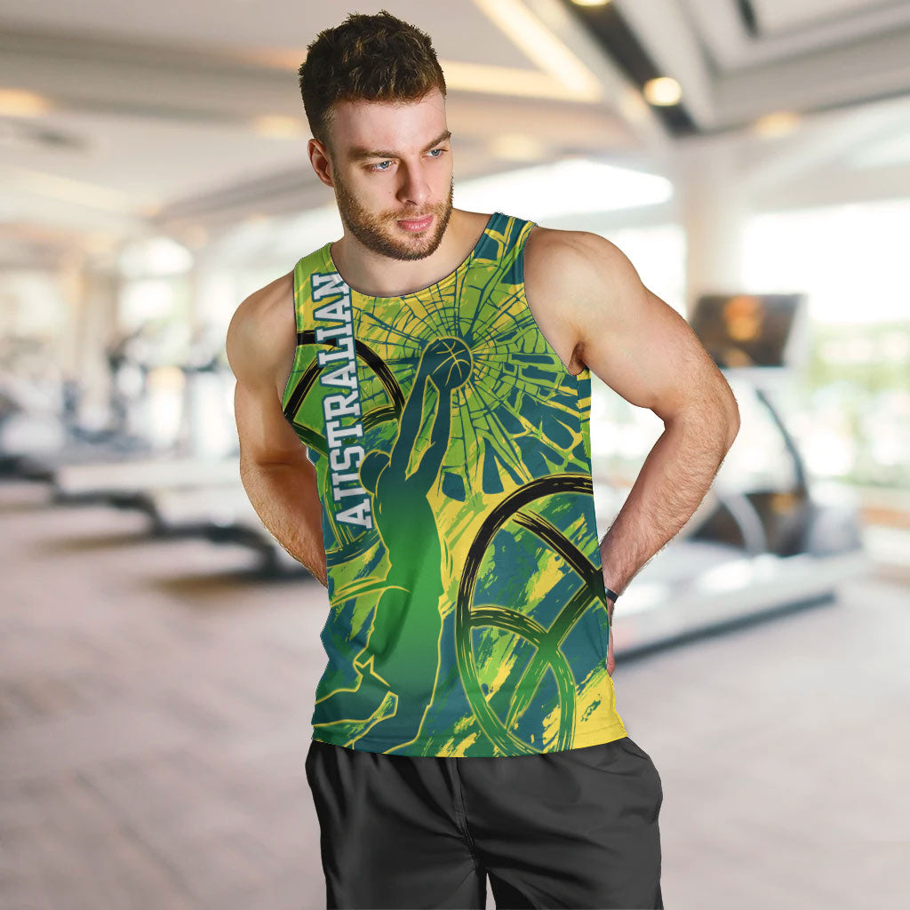 Australian Boomers Basketball Men Tank Top Shattered Glass Effect With Flaming Ball And Grunge Brushstrokes