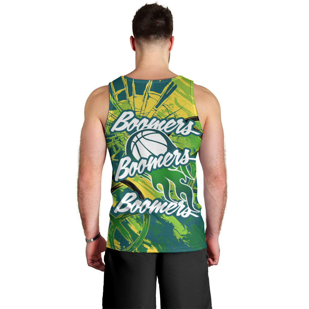 Australian Boomers Basketball Men Tank Top Shattered Glass Effect With Flaming Ball And Grunge Brushstrokes
