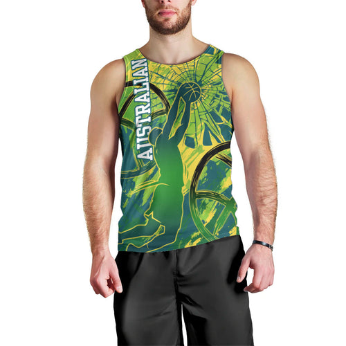 Australian Boomers Basketball Men Tank Top Shattered Glass Effect With Flaming Ball And Grunge Brushstrokes