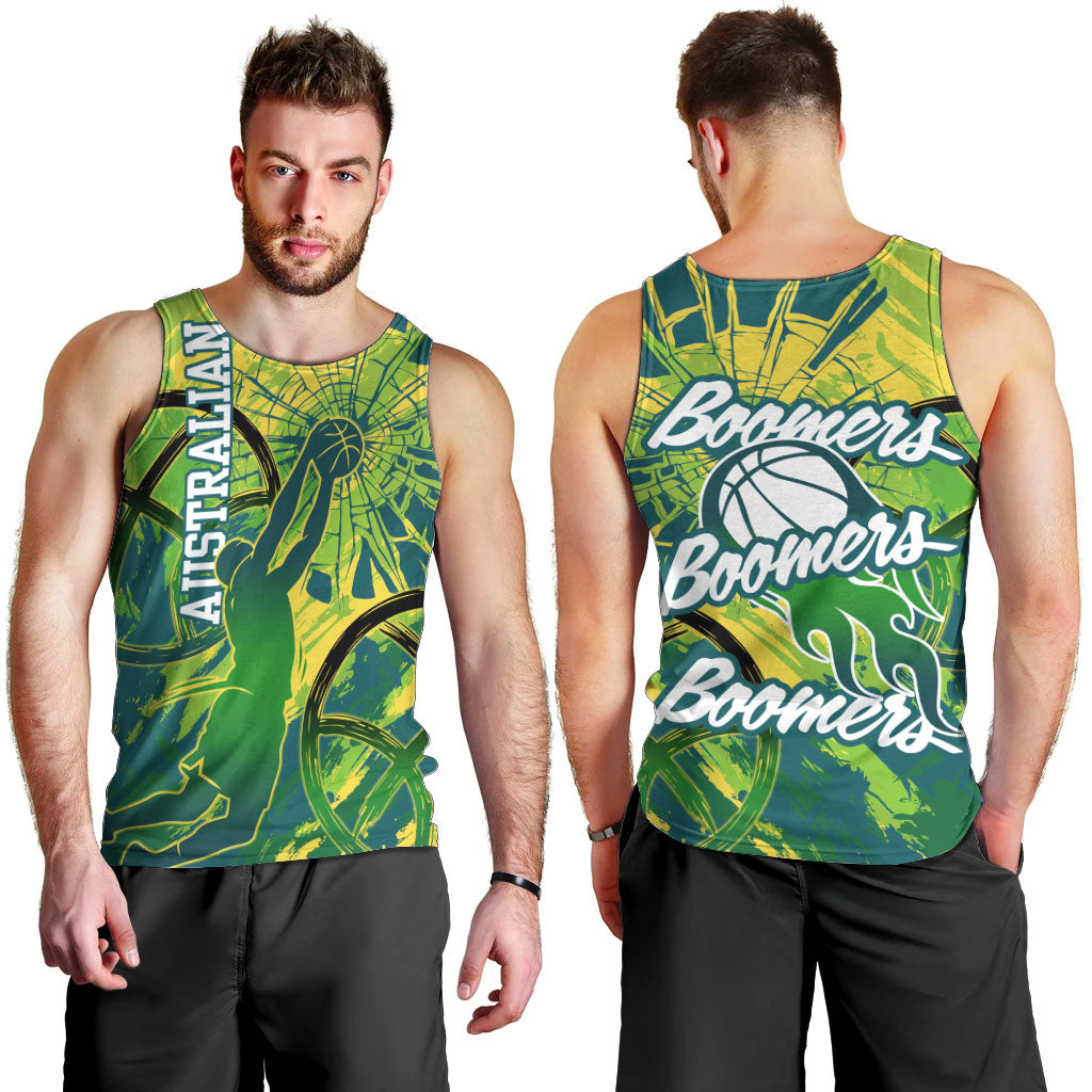 Australian Boomers Basketball Men Tank Top Shattered Glass Effect With Flaming Ball And Grunge Brushstrokes