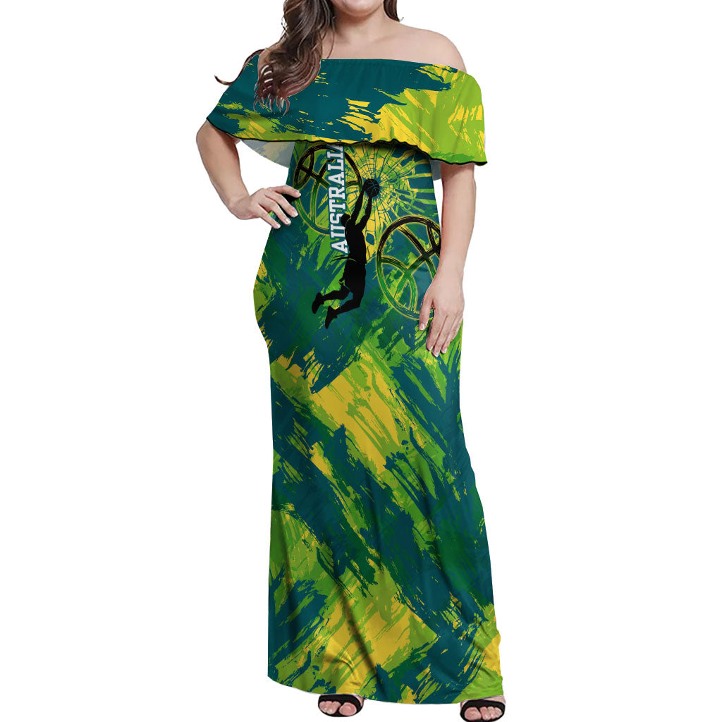 Australian Boomers Basketball Off Shoulder Maxi Dress Shattered Glass Effect With Flaming Ball And Grunge Brushstrokes