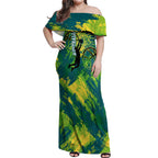 Australian Boomers Basketball Off Shoulder Maxi Dress Shattered Glass Effect With Flaming Ball And Grunge Brushstrokes