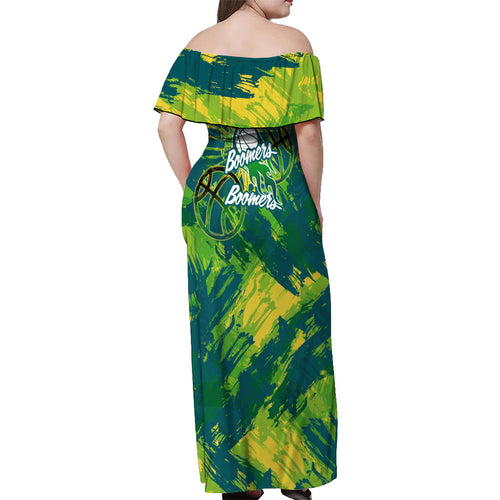 Australian Boomers Basketball Off Shoulder Maxi Dress Shattered Glass Effect With Flaming Ball And Grunge Brushstrokes