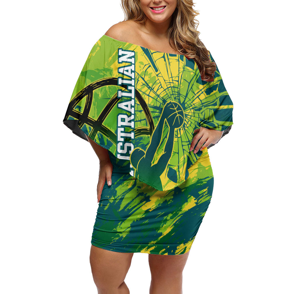 Australian Boomers Basketball Off Shoulder Short Dress Shattered Glass Effect With Flaming Ball And Grunge Brushstrokes